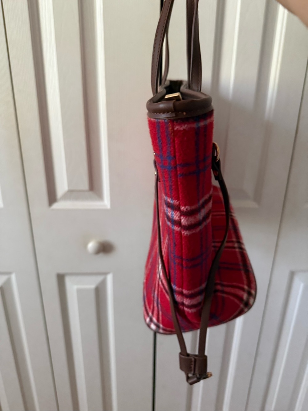 Plaid Red Tote Bag with Brown Trim - Women Bags and matching mini bag - Picture 2 of 11